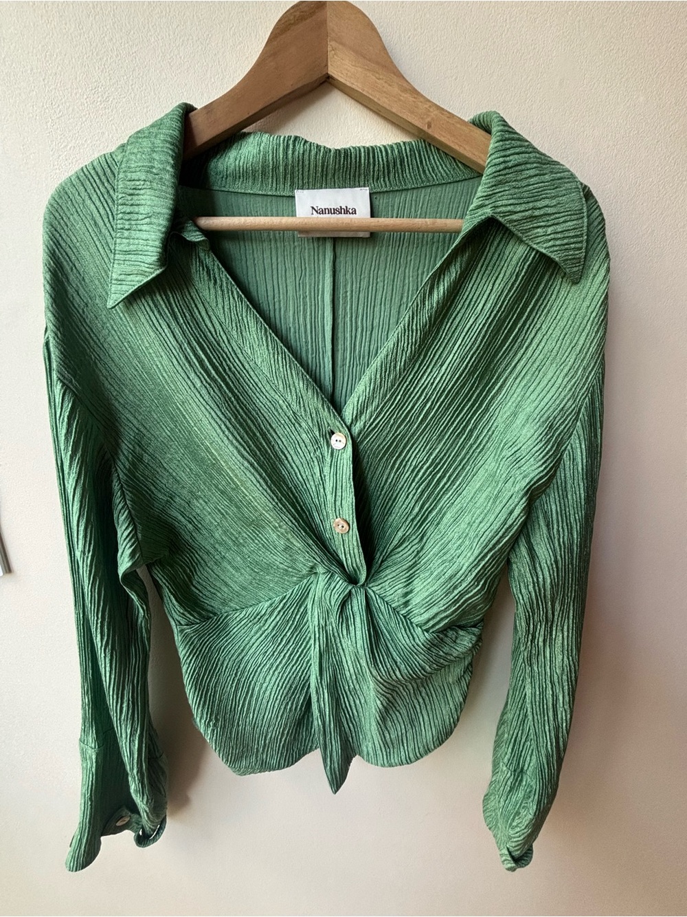 Nanushka Mint Green Crinkled Twist-Front Button Down Shirt